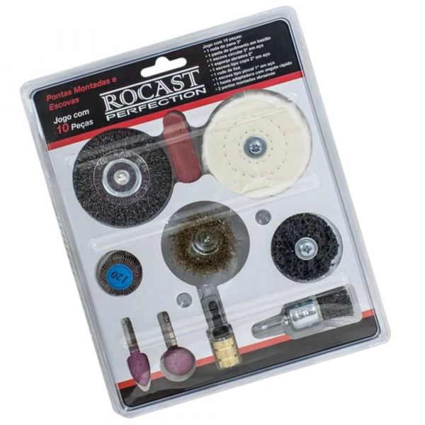 Jogo de Pontas Montadas e Escovas 10 Peças Rocast 