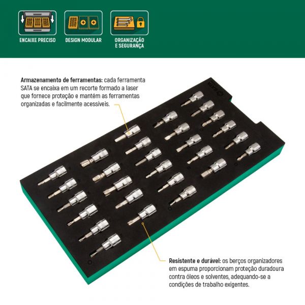 Jogo de Soquetes e Bits com 28 Peças em Berço EVA ST09006G Sata