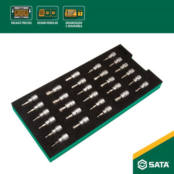 Jogo de Soquetes e Bits com 28 Peças em Berço EVA ST09006G Sata