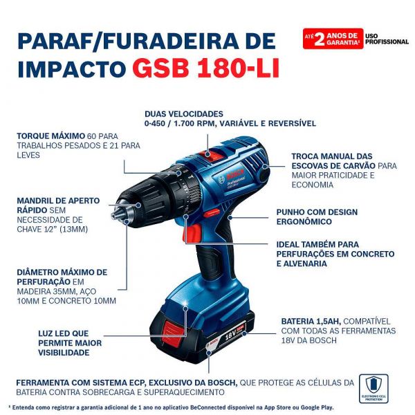 Kit Bosch Parafusadeira GSB 180-LI e Chave de Impacto GDX 180-LI