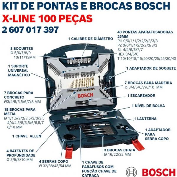 Kit de pontas e brocas em Titânio Bosch X-Line 100 peças