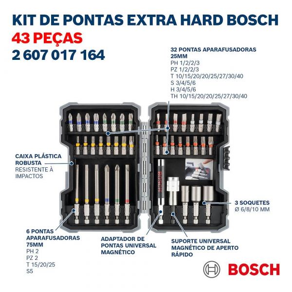 Kit de Pontas e Soquetes Bosch Extra Hard com 43 peças