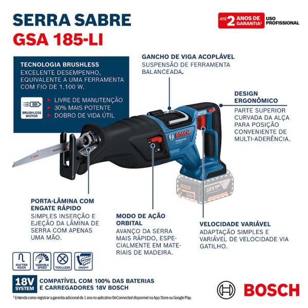 Kit Serra Sabre GSA 185-LI 18V +  2 Baterias GBA 18V 4Ah + Carregador GAL 18V-40 Bosch