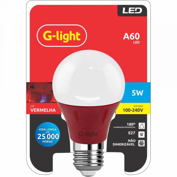 Lâmpada Led Vermelha A60 5W Autovolt E27 Glight 
