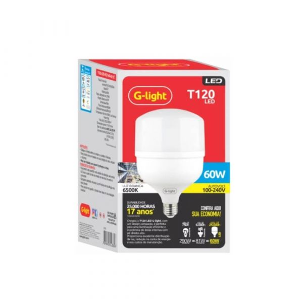 Lâmpada Led Bulbo T120 60W Bivolt Luz Branca E27 6500K G-light