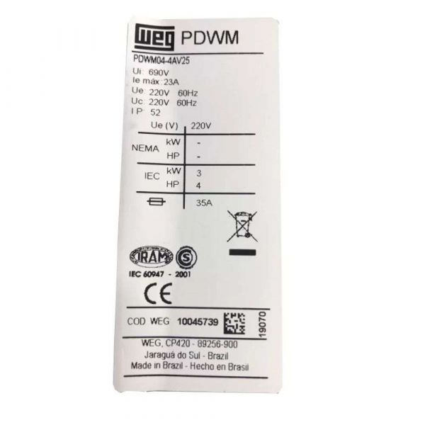 Chave de Partida Direta PDWM Monofásica 220V 1/2-3/4CV 4-6, 3A Weg
