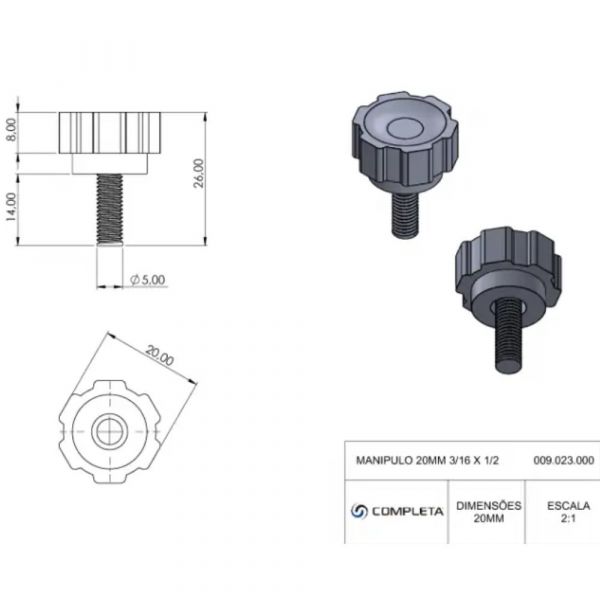 Manípulo 20mm 3/16 x 1/2 Pol. Completa 