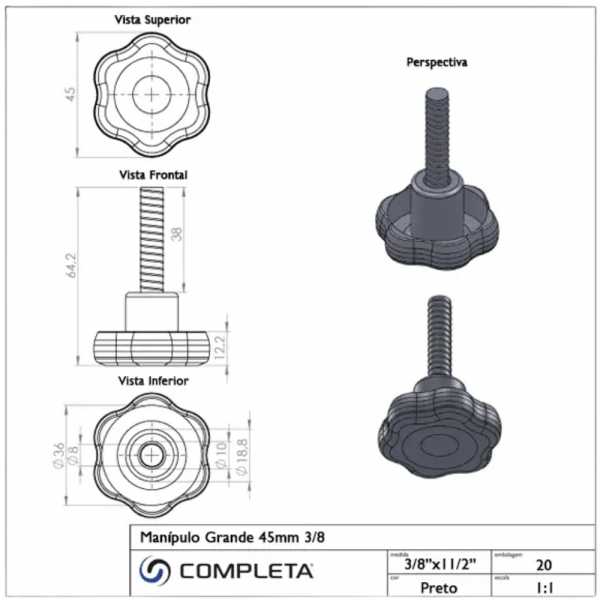 Manípulo 45mm 3/8 x 1.1/2 Pol. Preto Completa 