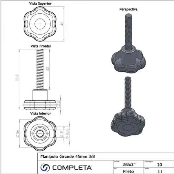 Manípulo 45mm 3/8 x 2 Pol. Completa