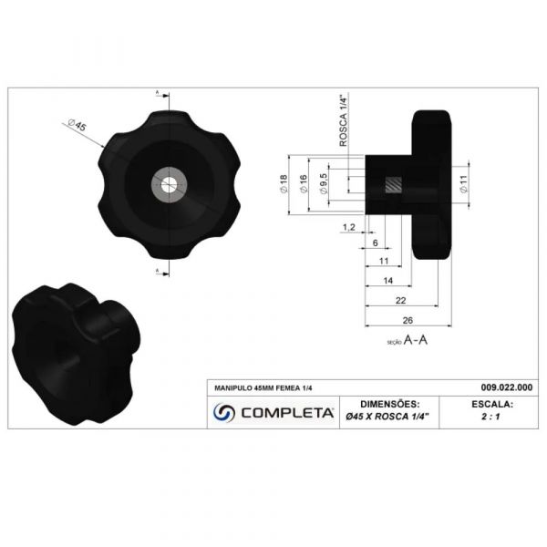 Manípulo Fêmea 45mm 1/4 Pol. Completa 