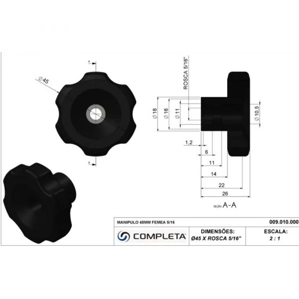Manípulo Fêmea 45mm 5/16 Pol. Completa