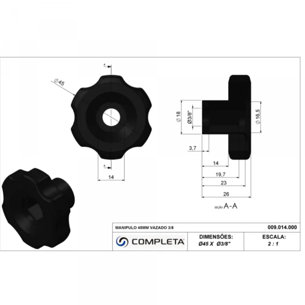 Manípulo Vazado 45mm 3/8 Pol. Completa 