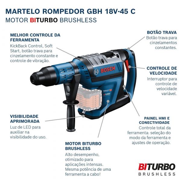 Martelete à Bateria GBH 18V-45 C 18V sem Bateria com Maleta Bosch
