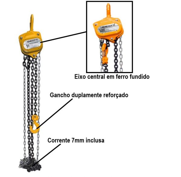 Talha de Corrente Manual 1Tonelada 3 Metros MTC Menegotti