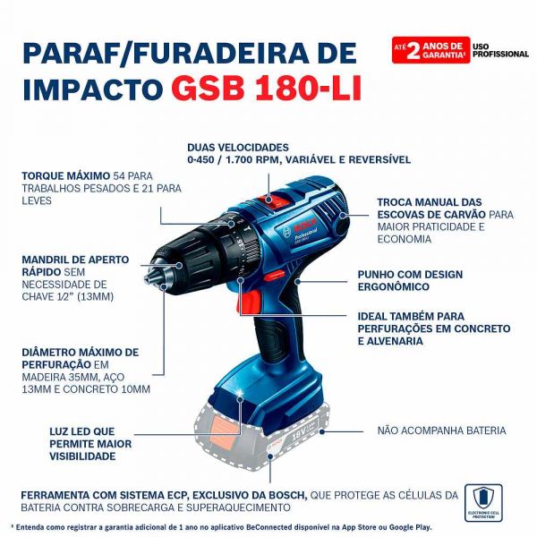 Parafusadeira Furadeira de Impacto Bosch GSB 180-LI 18V Sem Bateria