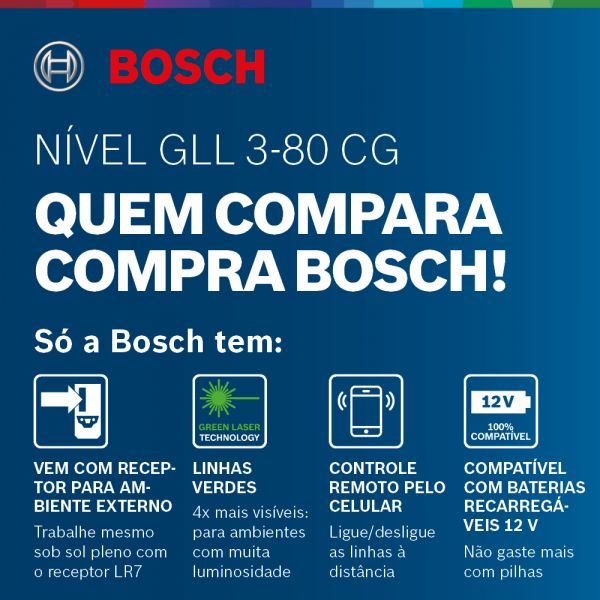 Nível a Laser de Linhas Verdes Bosch GLL 3-80 CG Bluetooth em Maleta