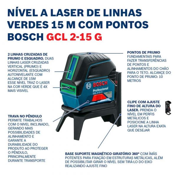 Nível Laser Verde Bosch GCL 2-15 G 15m, Suporte e Maleta