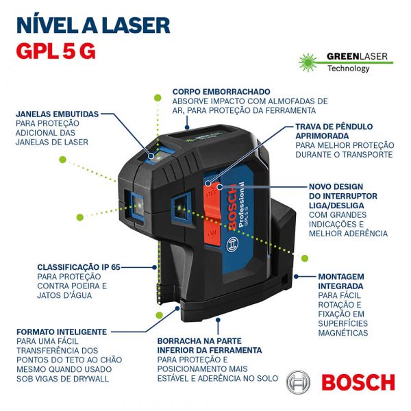 Nível laser verde Bosch GPL 5 G de 5 pontos