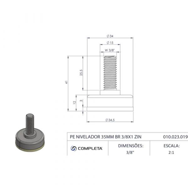 Pé Nivelador 35mm 3/8 x 1 Pol. Branca Zincado Completa