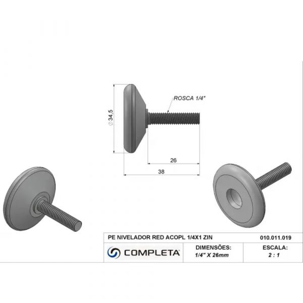 Pé Nivelador Redondo Acoplado 1/4 x 1 Pol. Zincado Completa