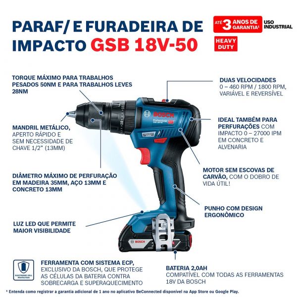 Parafusadeira Furadeira Impacto Brushless Bosch GSB 18V-50-SB Sem Bateria