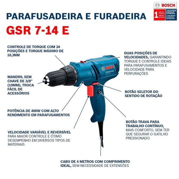 Parafusadeira e Furadeira GSR 7-14 E 400W com Bolsa Bosch