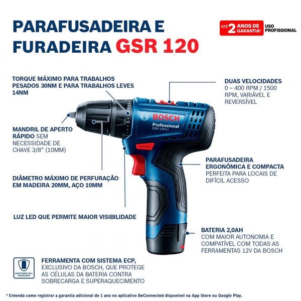 Furadeira e Parafusadeira 12V GSR 120-Li 3/8 Pol. com 2 Baterias e Maleta Bosch 