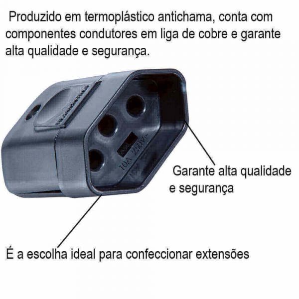 Plugue Fêmea Preto 2P+T 10 A 250 V Tramontina 57403153