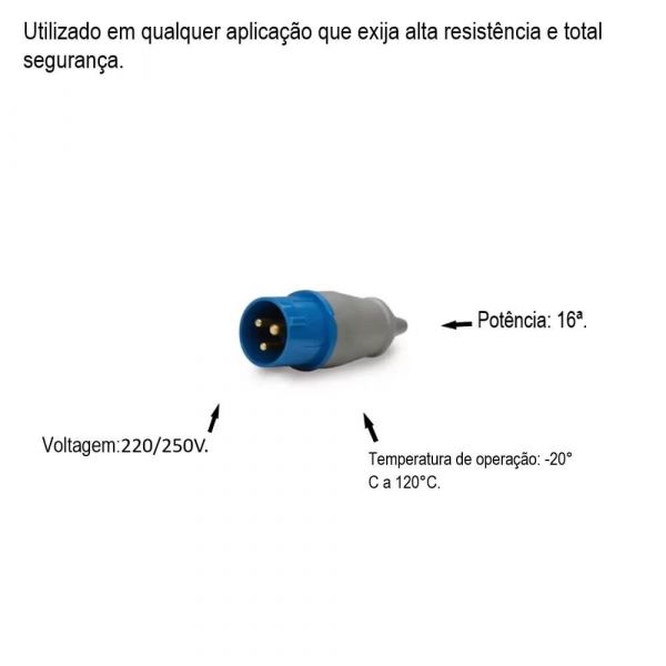 Plugue Industrial Pino Macho 2P+T 16A 6H Azul Soprano