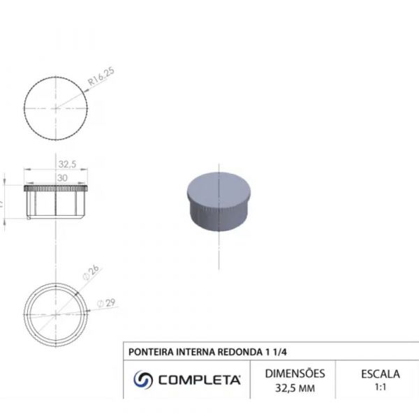 Ponteira Interna Redonda 1.1/4 Pol. Preta Completa