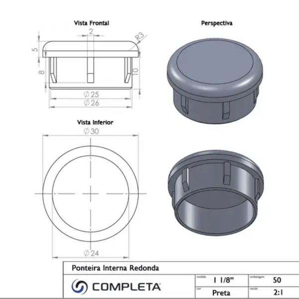 Ponteira Interna Redonda 1.1/8 Pol. Preta Completa