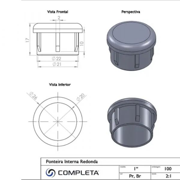 Ponteira Interna Redonda 1 Pol. Preta Completa