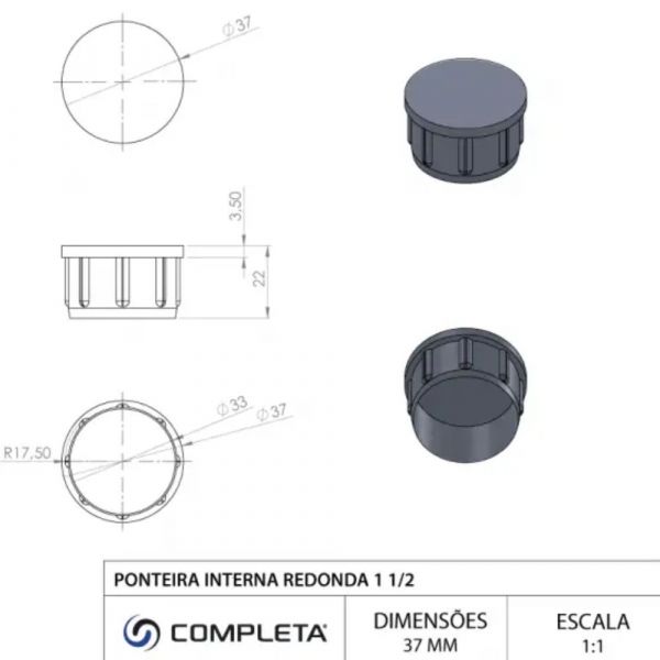 Ponteira Interna Redonda 1.1/2 Pol. Preta Completa