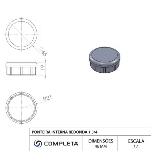 Ponteira Interna Redonda 1.3/4 Pol. Preta Completa