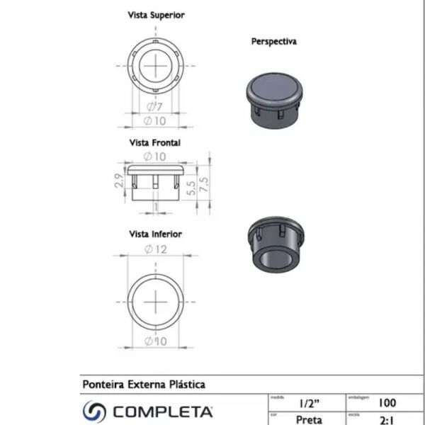 Ponteira Interna Redonda 1/2 Pol. Preta Completa