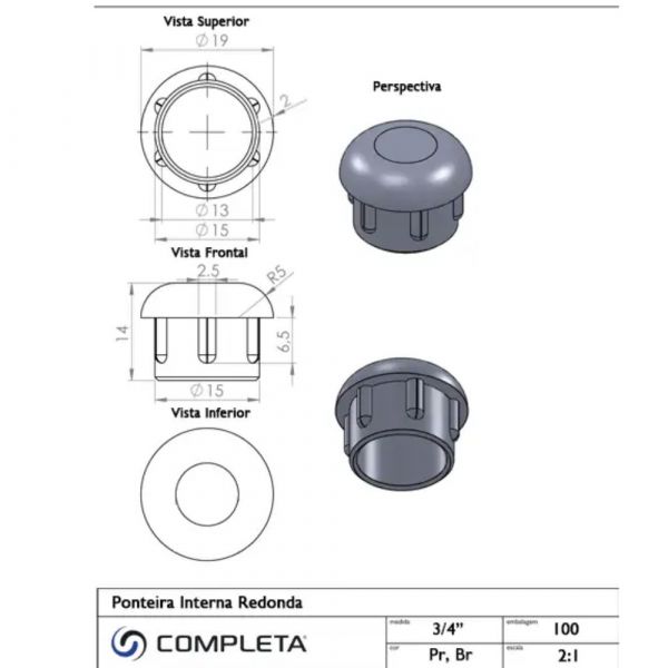 Ponteira Interna Redonda 3/4 Pol. Preta Completa