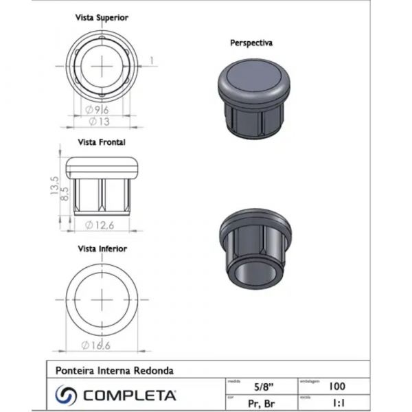 Ponteira Interna Redonda 5/8 Pol. Preta Completa