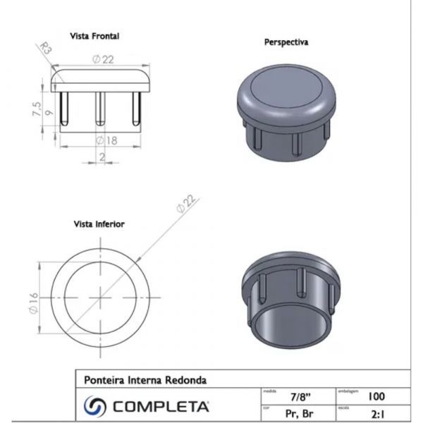 Ponteira Interna Redonda 7/8 Pol. Preta Completa