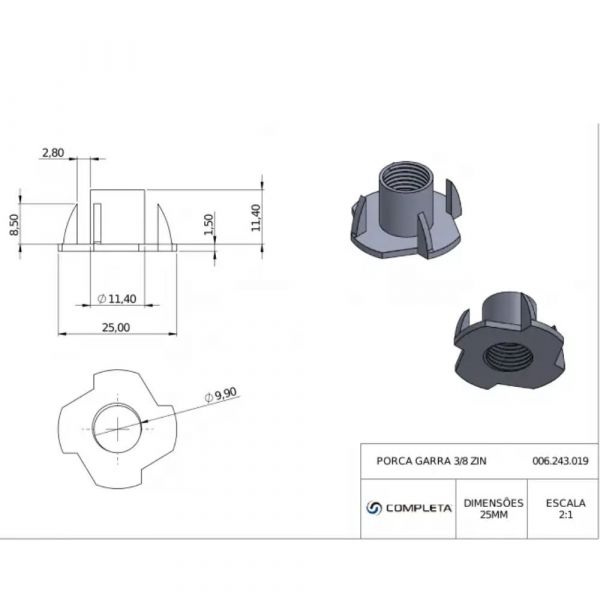 Porca Garra 3/8 Pol. Zincada Completa