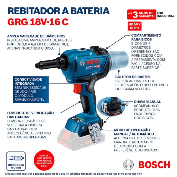 Rebitador a bateria Bosch GRG 18V-16 C, Brushless, 18V Sem Bateria