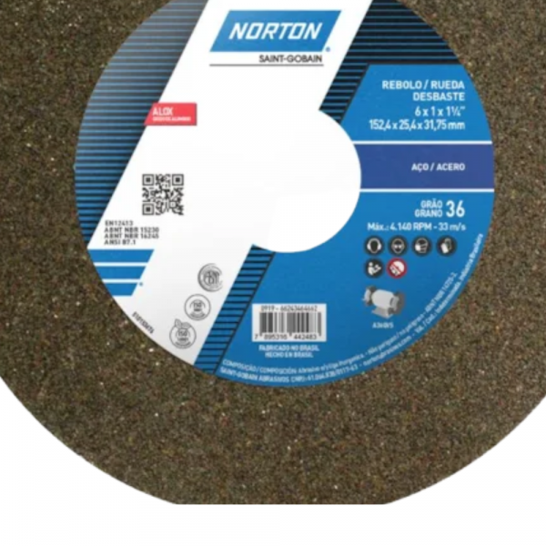 Rebolo Reto 6 x 1 x 1.1/4 Pol. Grão 36 QVS Norton