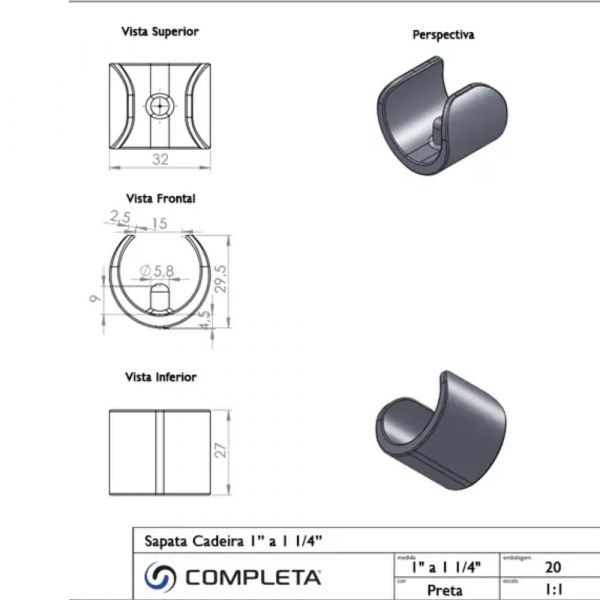 Sapata Cadeira 1 a 1.1/4 Pol. Preta Completa