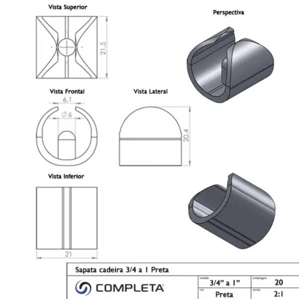 Sapata Cadeira 3/4 a 1 Pol. Preta Completa