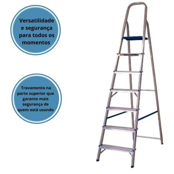 Escada Doméstica com 6 Degraus em Alumínio Prata e Azul Alumasa