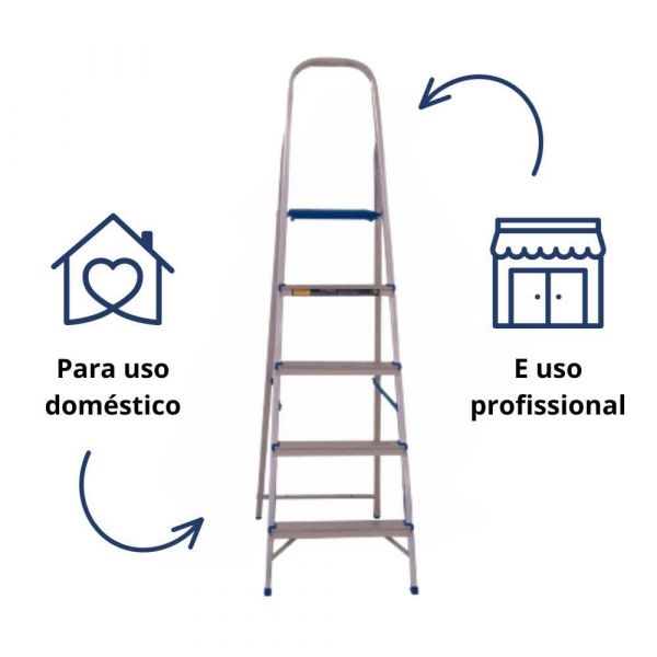 Escada Doméstica com 5 Degraus em Alumínio Prata e Azul Alumasa