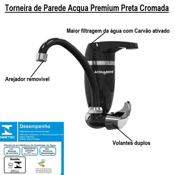 Torneira de Parede Acqua Premium Preta Cromada com Filtro Acquabios