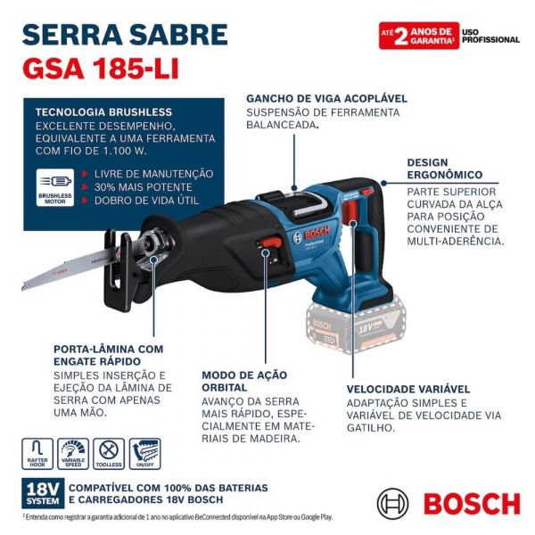 Serra Sabre Bosch GSA 185-LI 18V Sem Bateria Brushless com 2 lâminas 