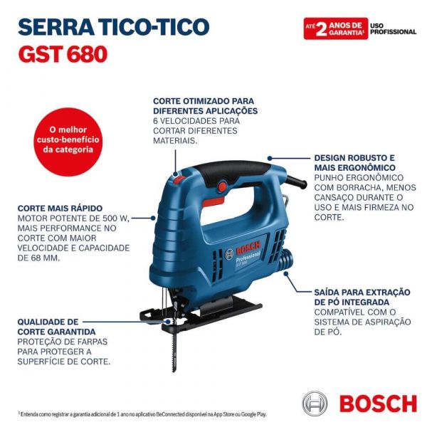 Serra Tico-Tico Bosch GST 680 500W 220V, 1 Lâmina e Protetor Anti-farpas