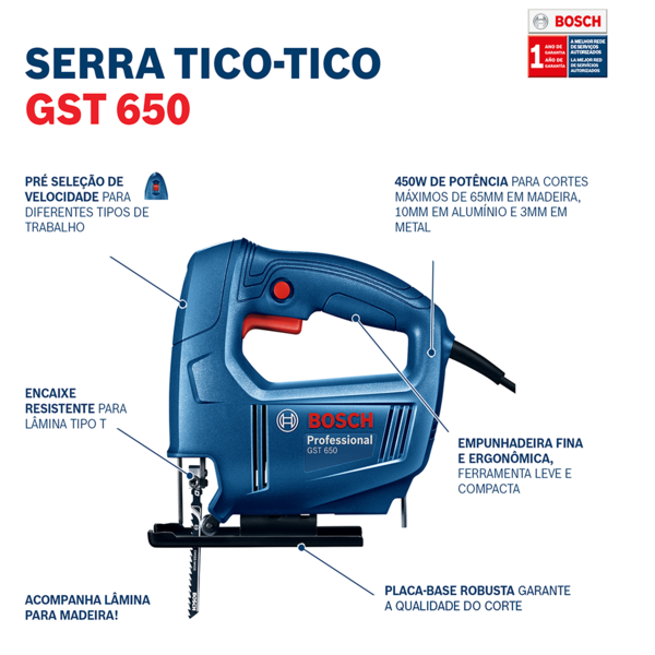 Serra Tico-Tico GST 650 450W 220V, com 1 Lâmina Bosch 