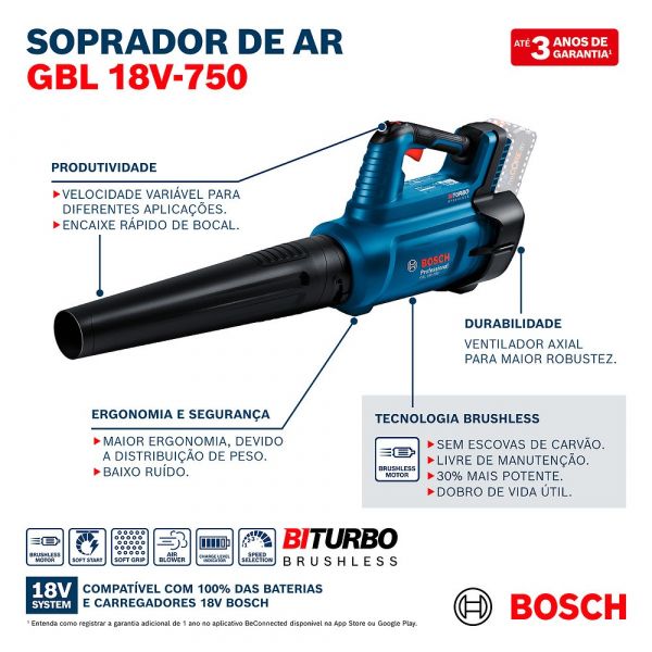 Soprador de Ar à Bateria GBL 18V-750 BiTurbo sem Bateria Bosch